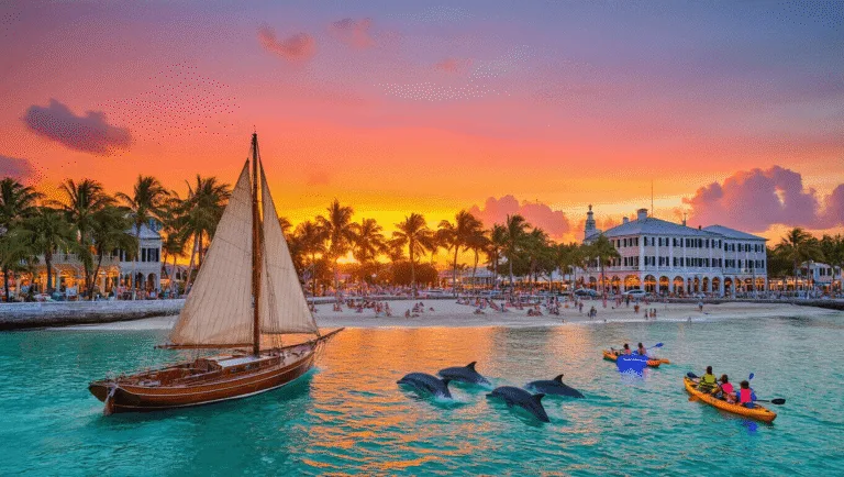 Why Key West in January is Your Ultimate Winter Escape (Without the Frostbite!) "Sailboat and dolphins in turquoise waters at Mallory Square, Key West, with a vibrant sunset, palm trees, historic Duval Street architecture, and beachgoers in the background"
