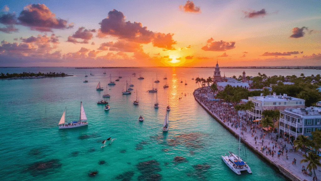 "Aerial view of Key West at sunset showcasing the historic harbor, Mallory Square, Duval Street, and vibrant sea life in turquoise waters during October's Fantasy Fest"