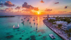 Key West in October: Your Ultimate Escape from Ordinary "Aerial view of Key West at sunset showcasing the historic harbor, Mallory Square, Duval Street, and vibrant sea life in turquoise waters during October's Fantasy Fest"