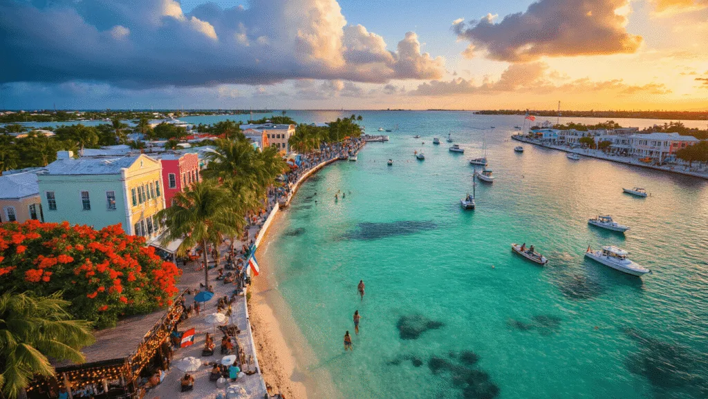 "Aerial view of Key West at sunset with turquoise waters, colorful buildings, blossoming Royal Poinciana trees, snorkelers near coral reefs, boats in the harbor, pride flags on Duval Street, and beach bar with string lights and palm trees under forming rain clouds."