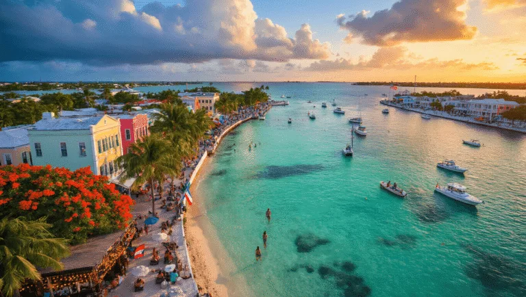 Key West in June: Your Ultimate Tropical Paradise Guide "Aerial view of Key West at sunset with turquoise waters, colorful buildings, blossoming Royal Poinciana trees, snorkelers near coral reefs, boats in the harbor, pride flags on Duval Street, and beach bar with string lights and palm trees under forming rain clouds."