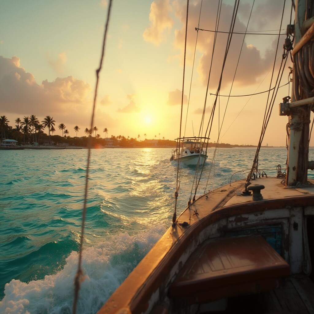 Key West in November: Your Ultimate Tropical Escape Guide Small boat sailing in serene Key West sunset, palm trees silhouetted on distant shoreline, under warm golden light