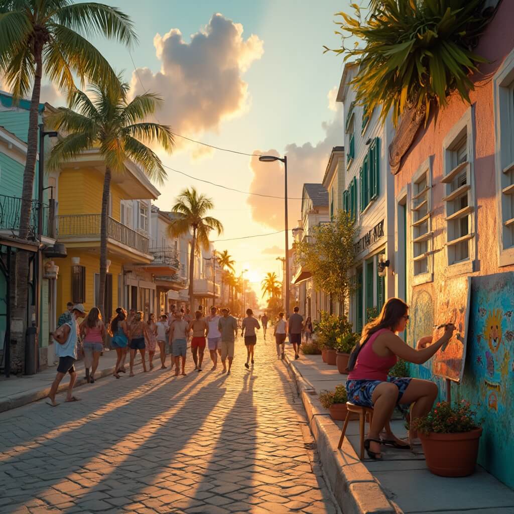 Key West in May: Your Ultimate Paradise Escape Guide Local artist painting a mural on a building wall during sunset in a vibrant Key West street lined with historic pastel-colored conch houses and palm trees, with tourists strolling on the sidewalk.