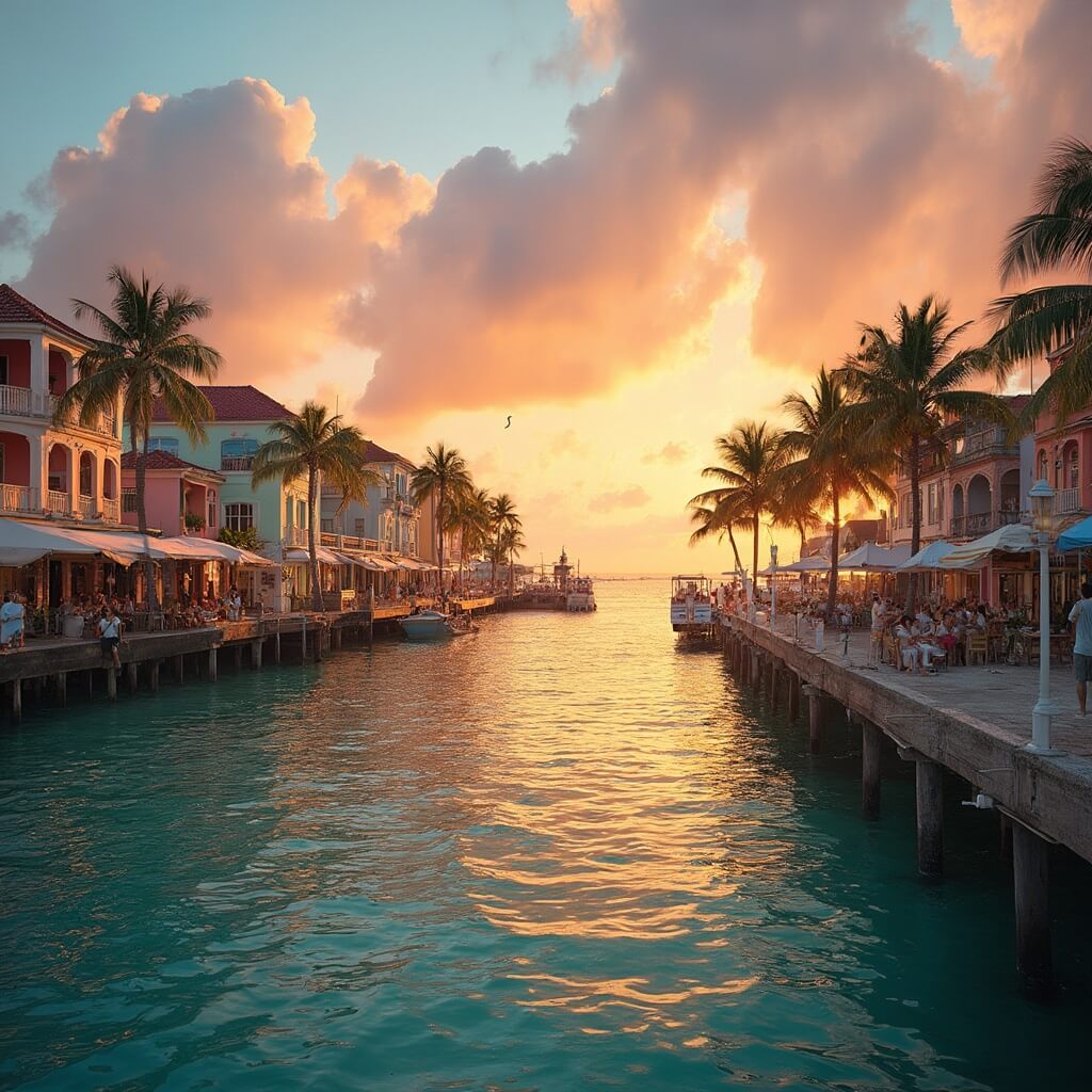 Why Key West in January is Your Ultimate Winter Escape (Without the Frostbite!) Panoramic sunset view of tranquil Key West waterfront with historic buildings, silhouetted palm trees and reflection in calm turquoise waters