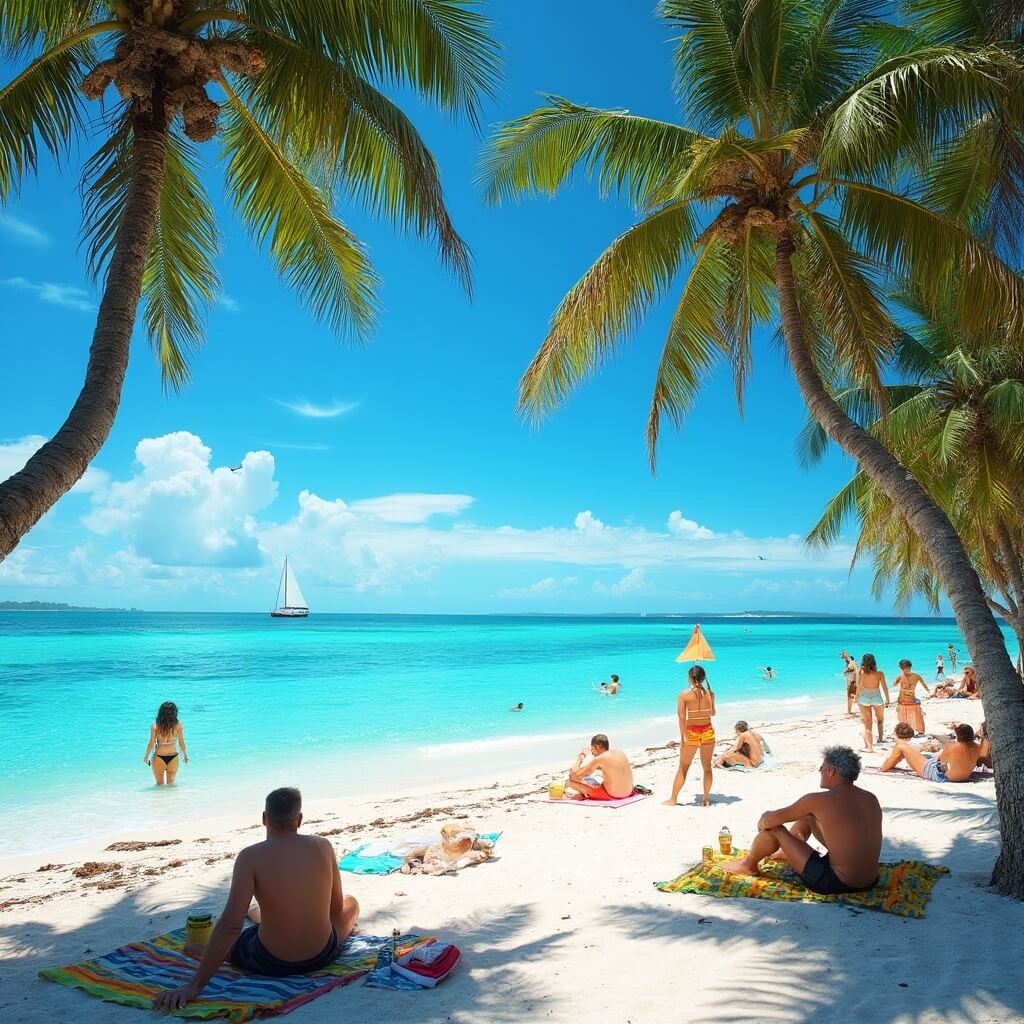 Beachgoers relaxing on a sunny Key West beach with palm trees and a sailboat in the distance