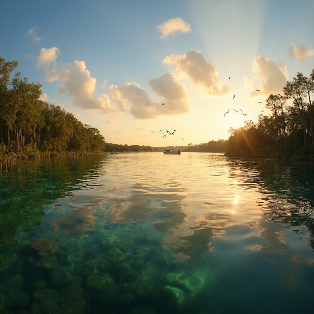 Fun Things to Do in Mount Dora: Your Ultimate Weekend Escape Guide Lake Dora at golden hour with a clear water reflection of Florida sky, lush green shoreline with cypress trees, a distant pontoon boat, and birds in flight