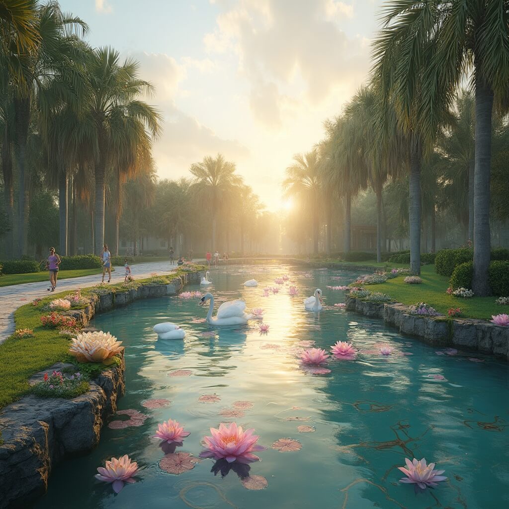 Sizzling Orlando in May: Your Ultimate Insider's Guide to Florida's Hottest Destination Photorealistic image of a peaceful May morning at Lake Eola Park with a clear lake, palm trees, water lilies, swans, and joggers at sunrise.