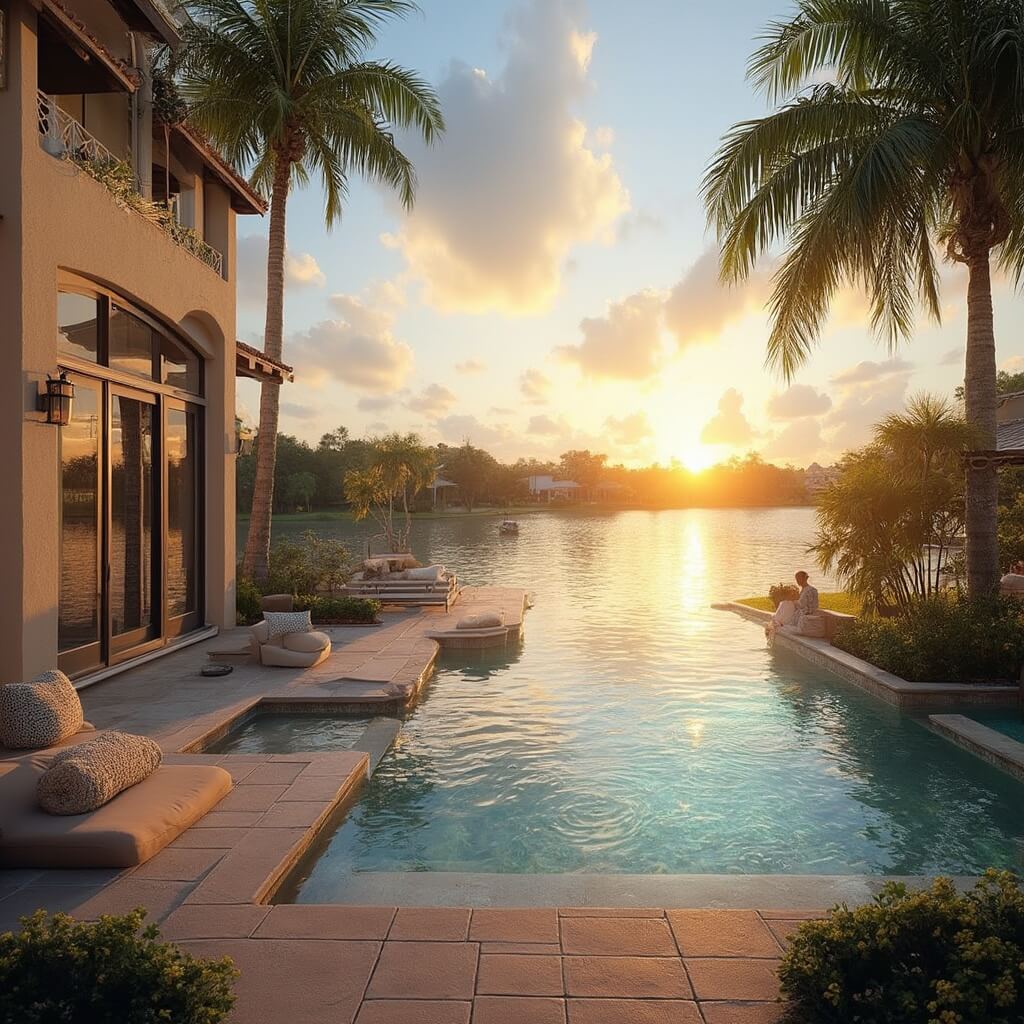 Why Orlando in April Will Be Your Best Travel Decision Yet Mediterranean-style villa with infinity pool and palm trees at sunset near Lake Nona, Orlando