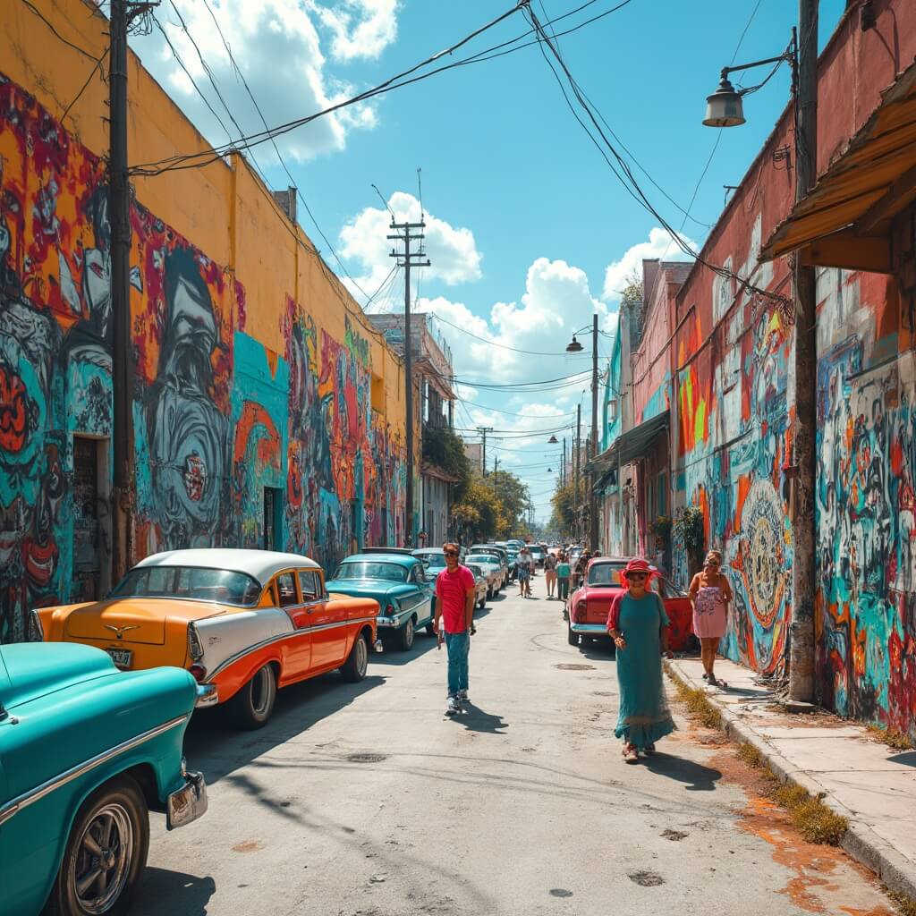 Discover Hidden Gems: Why Hialeah is Miami's Most Underrated Playground Colorful street murals by local artists in Leah Arts District, vintage cars parked nearby, highlighting vibrant Cuban-American culture under bright midday sunlight in a hyper-realistic documentary photography style.