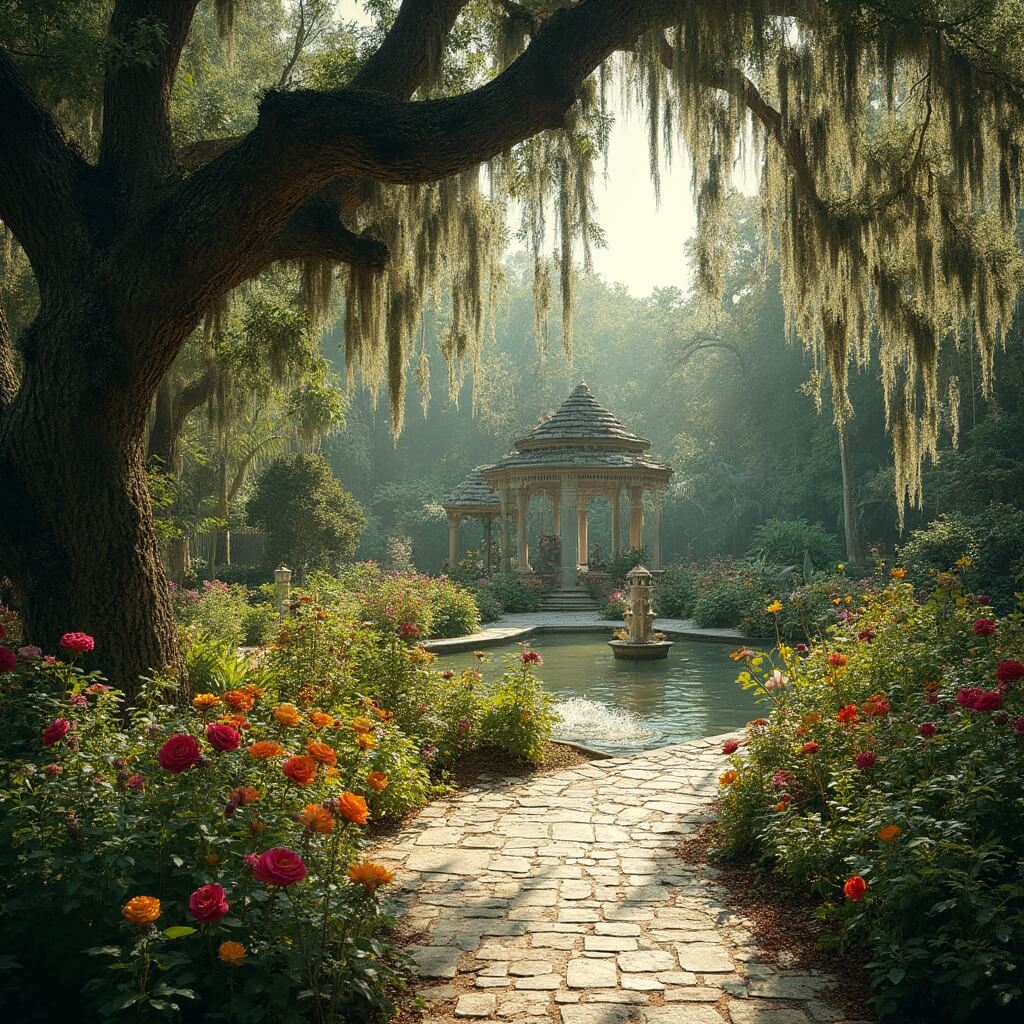 Why Orlando in July is the Ultimate Summer Destination (And Why You Might Want to Reconsider) Sunny afternoon at Harry P. Leu Gardens with massive oak trees, stone pathway, koi pond, vibrant flowers, Victorian gazebo, and butterfly gardens