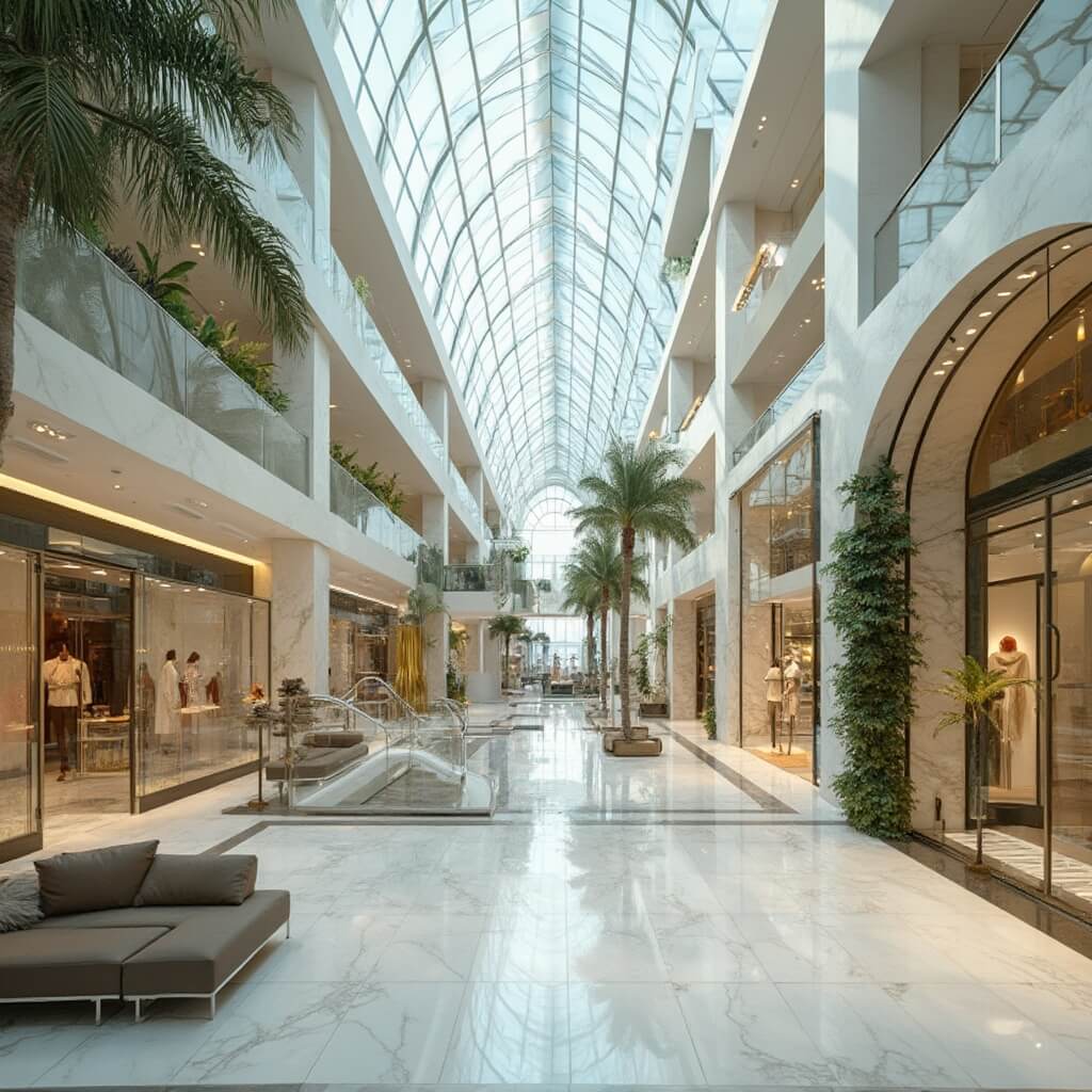 Orlando in June: Your Ultimate Hot & Humid Adventure Guide! Luxurious modern indoor shopping mall with glass ceilings, marble floors, elegant storefronts, indoor palm trees, and high-end retail displays