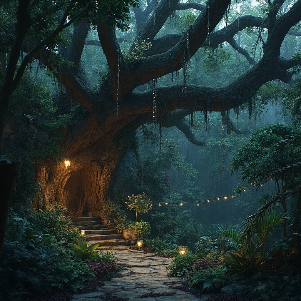 Unveiling St. Petersburg: Your Ultimate Fun-Filled Florida Destination Mystical hidden garden at dusk with massive banyan trees, natural archways, soft landscape lighting, fairy lights, native ferns, and flowering orchids