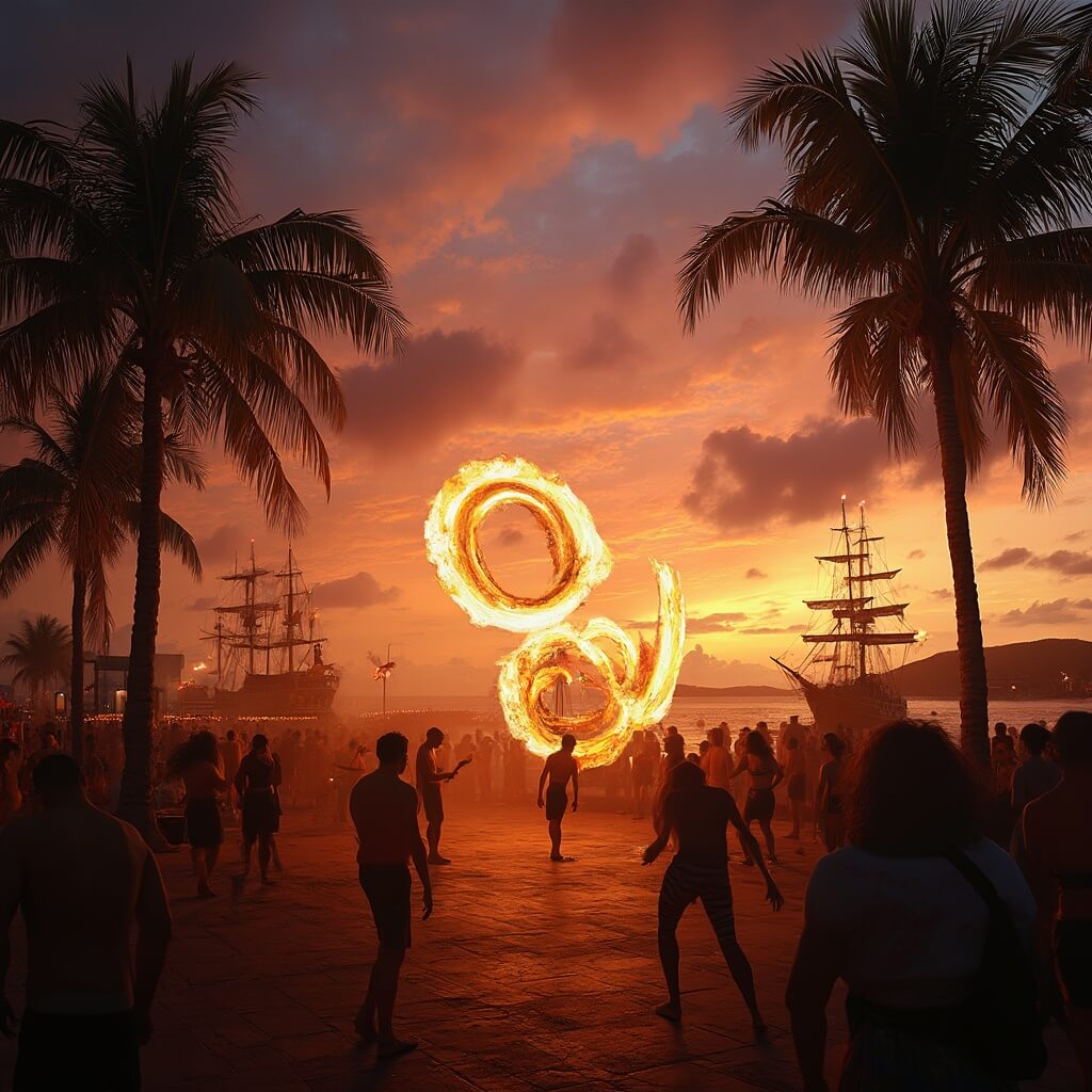 Ultimate Guide: 15 Mind-Blowing Things to Do in Key West That Will Blow Your Mind! Street performers, artists, and crowds at Mallory Square during golden hour, with historic sailing ships silhouetted against a vibrant twilight sky.