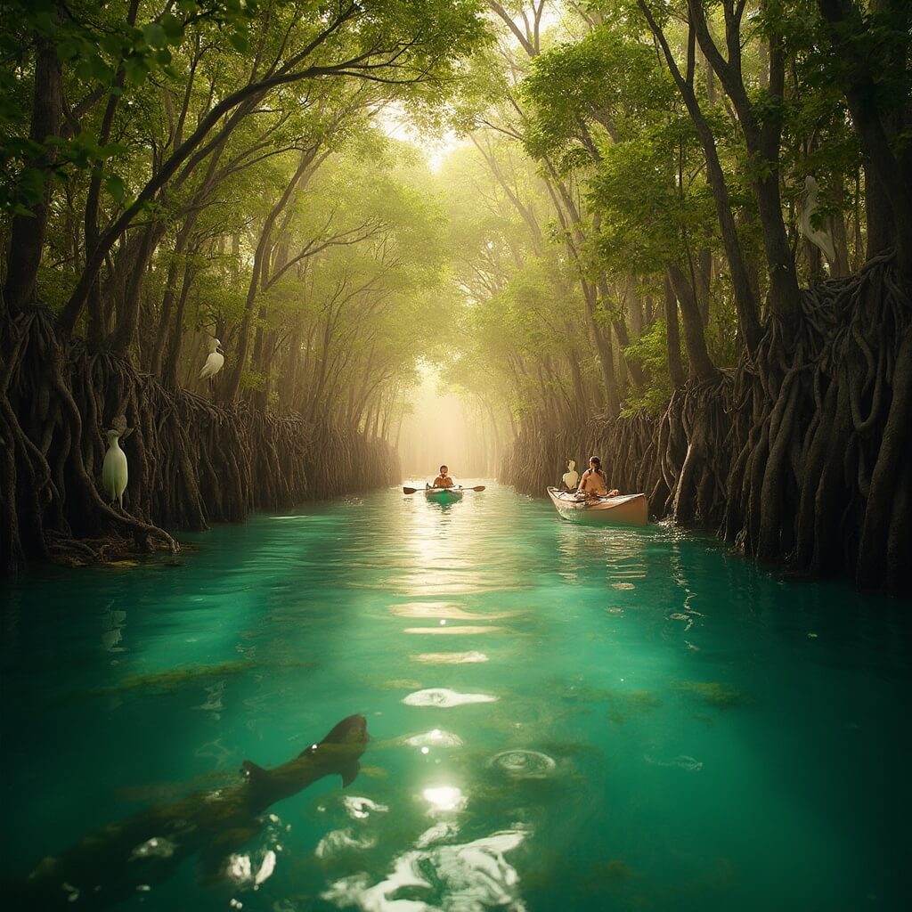 Uncover Tarpon Springs: A Hidden Florida Gem That'll Blow Your Mind Kayaking in a mangrove tunnel during golden hour with sunlight filtering through the canopy, dolphin surfacing nearby, ibises on roots, and underwater view of sea grass and limestone formations