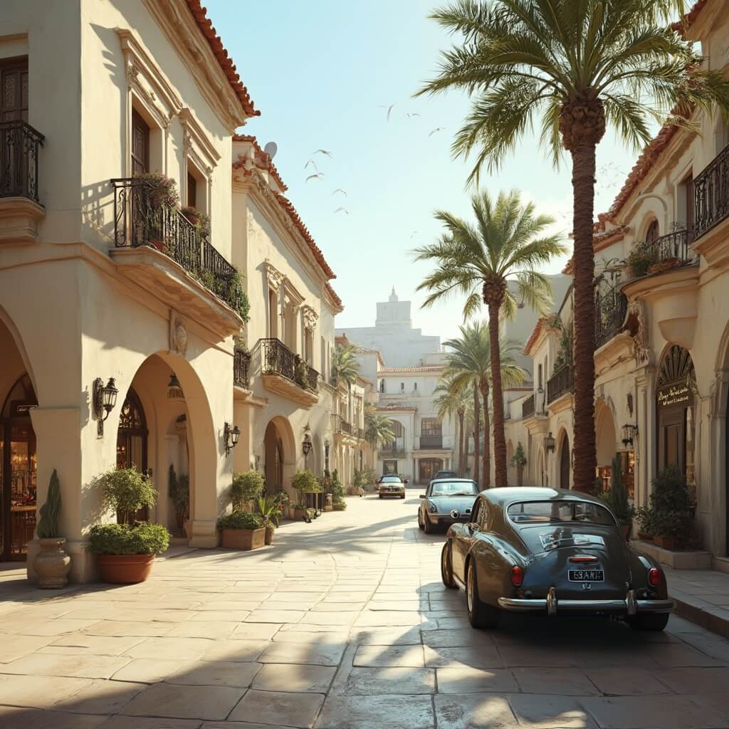 Unlock West Palm Beach's Hidden Playground: A Traveler's Ultimate Guide Mediterranean-style shopping street with palm-lined walkways, terracotta-roofed cream stucco buildings, ornate hidden courtyards, wrought-iron balconies, designer boutique windows, vintage cars along pristine sidewalks in soft afternoon sunlight