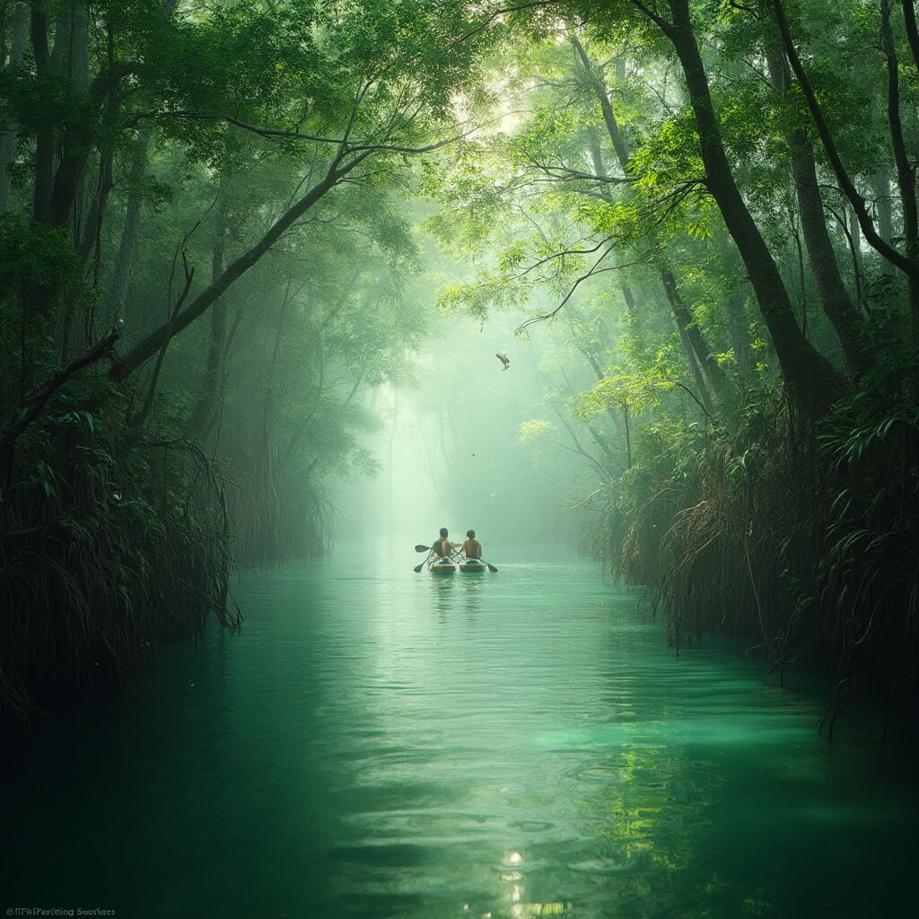 Daytona Beach in April: Your Ultimate Sun-Soaked Adventure Guide (Without the Tourist Traps!) Kayakers navigating through dense mangrove tunnels at Merritt Island Wildlife Refuge with native birds on branches and morning mist over the water