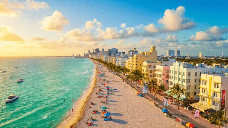 Why South Beach in December is Your Ultimate Winter Escape "Aerial view of South Beach Miami in December, showcasing Art Deco buildings, turquoise waters, golden beaches, colorful umbrellas, and boats with Art Basel banners"