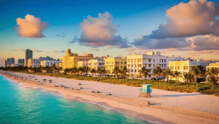 South Beach in October: Your Ultimate Paradise Guide That Will Make Every Traveler Drool "Golden hour at South Beach Miami showing Art Deco buildings, pristine shores, lifeguard stands and beachgoers under a dramatic October sky"