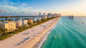 South Beach in November: Your Ultimate Escape from Winter's Chill "Aerial view of South Beach Miami in November showcasing turquoise waters, white sandy beach with umbrellas, Art Deco buildings on Ocean Drive, palm trees, a moderately crowded beach, and cruise ships in the distance under a clear blue sky."