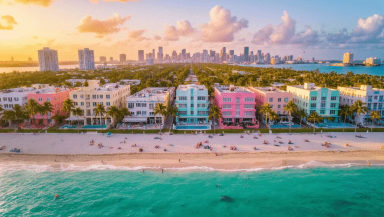 Miami Unveiled: 15 Mind-Blowing Experiences That'll Make Your Jaw Drop "Aerial view of Miami's South Beach with Art Deco buildings, crystalline waters, sandy beaches, and palm trees in foreground, Wynwood Walls and Little Havana's architecture in distance during golden hour"