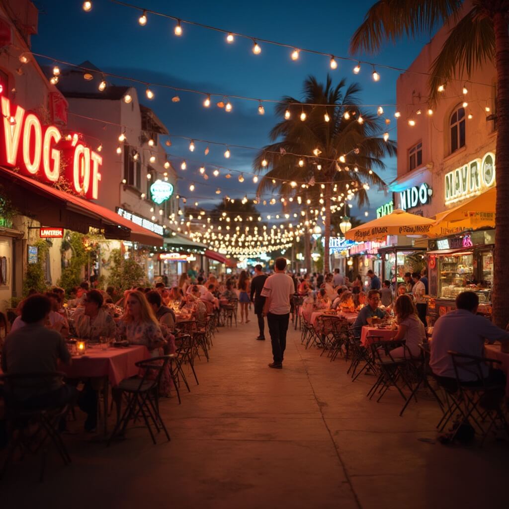 South Beach in November: Your Ultimate Escape from Winter's Chill Lively evening street scene in South Beach with people dining outdoors under string lights, art deco buildings with neon signs, and a food truck serving global cuisine.