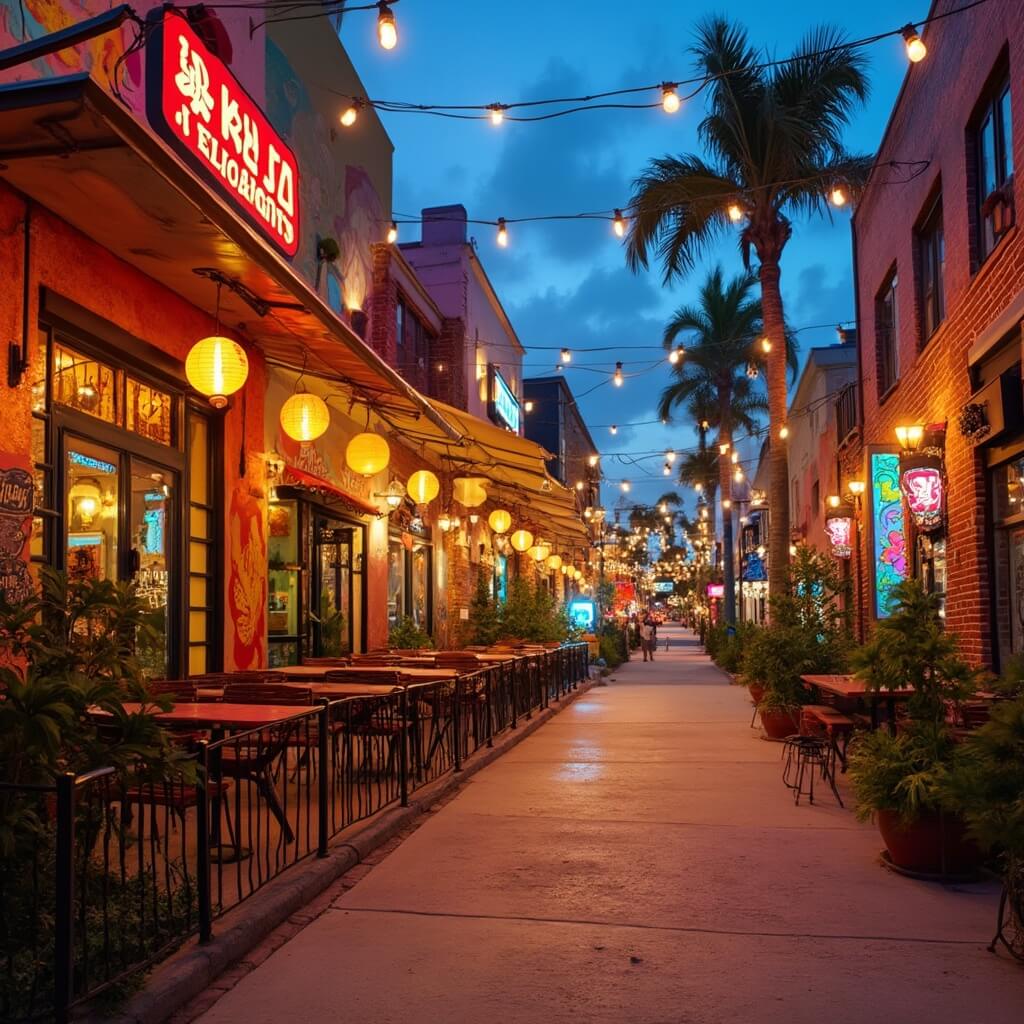 Why Orlando in April Will Be Your Best Travel Decision Yet Colorful Asian restaurants with glowing lanterns, trendy murals, local art installations and outdoor dining areas in Orlando's Mills 50 District at dusk