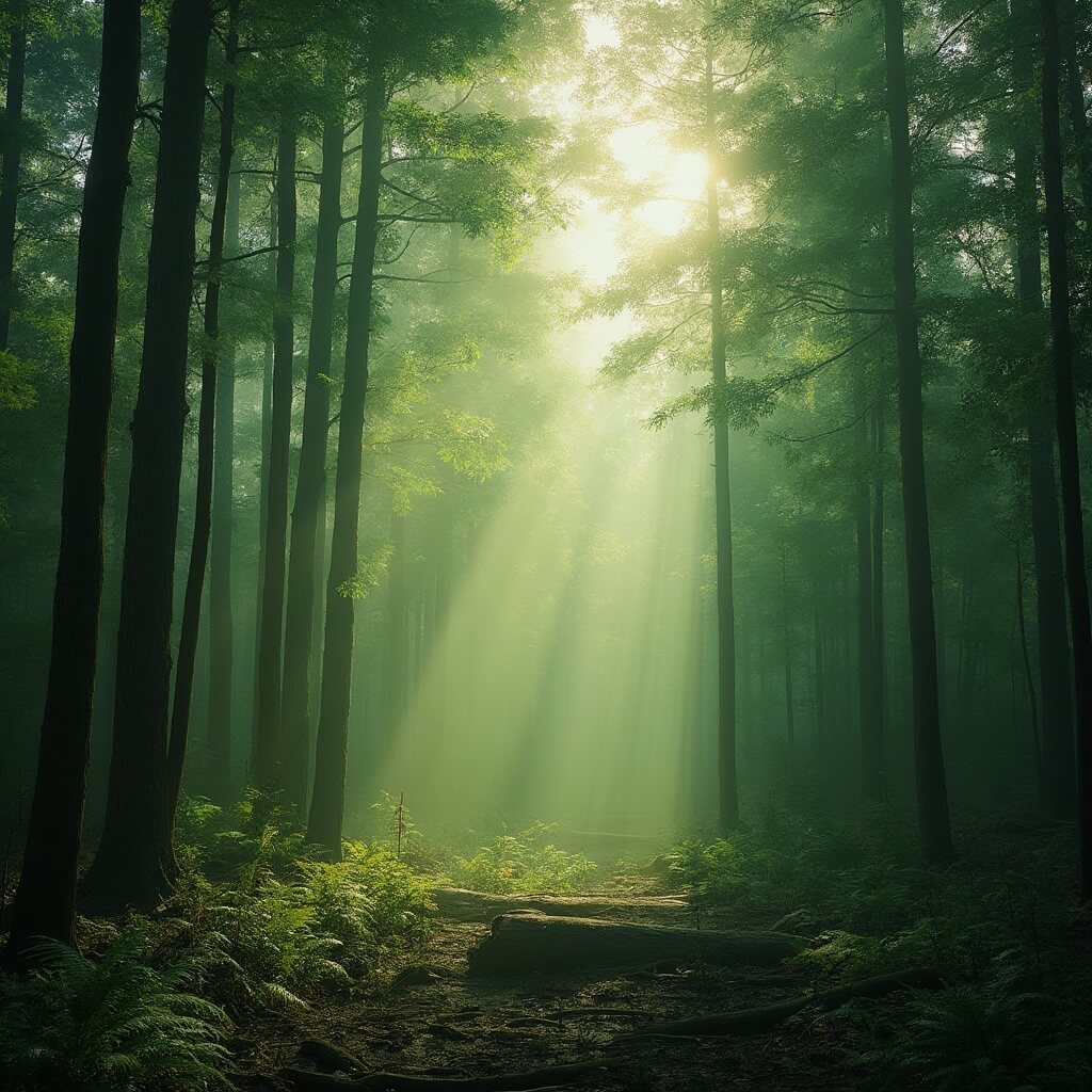 Dramatic wide shot of dense Apalachicola National Forest with towering longleaf pines, a misty forest floor, morning sunlight filtering through, highlighting ferns and fallen logs, in a hyper-realistic nature photography style