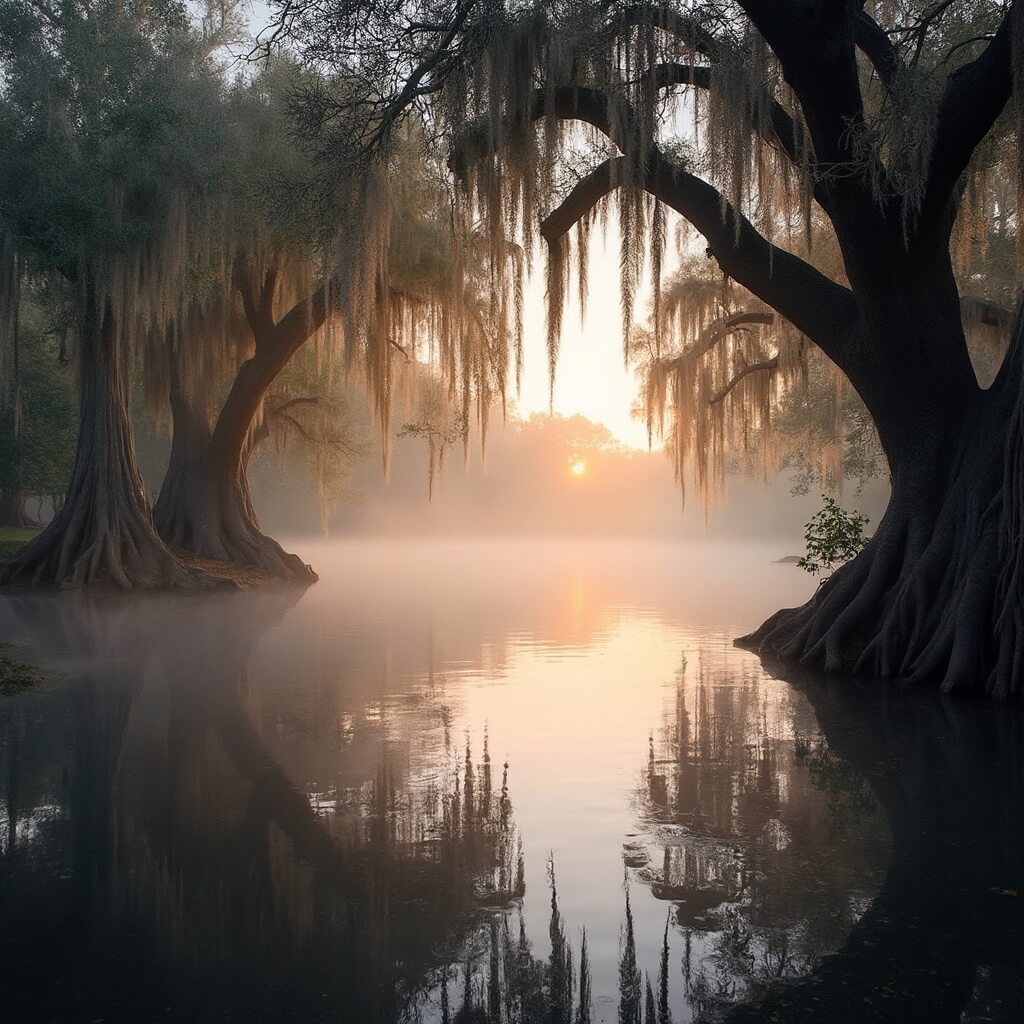 Unleash Your Adventure: Tallahassee's Hidden Gems Await! Sunrise at Lake Bradford with golden sunlight filtering through moss-draped oaks, mirror-like water reflections, mist over water, cypress trees at water's edge, and sky in soft pink, orange, and blue hues.