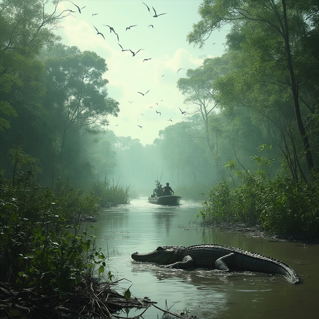 Miami Unveiled: 15 Mind-Blowing Experiences That'll Make Your Jaw Drop Airboat navigating through Everglades mangrove channels with large alligator sunbathing on bank, exotic birds in flight, in a misty morning setting with hyper-realistic wildlife details