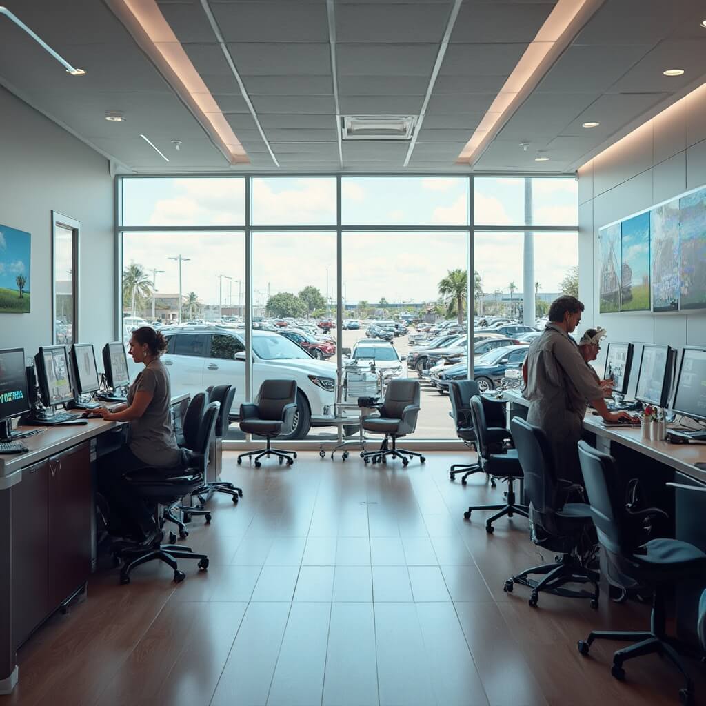 Why Orlando in November Will Be Your Most Epic Travel Adventure Yet Interior of a modern rental car agency with computer terminals, digital vehicle displays, comfortable seating area, staff assisting customers, and a view of rental vehicles in sunny Florida parking lot