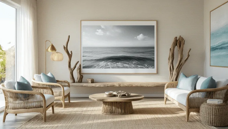 Modern Coastal Wall Decor: Transform Your Space with Serene Ocean-Inspired Art Photorealistic interior of a contemporary living room featuring a coastal gallery wall with a large black and white ocean photograph, driftwood sculptures, and abstract seascapes, set against textured grasscloth walls, natural fiber rug, rattan accents, and brass lighting fixtures, illuminated by warm morning light through sheer curtains.