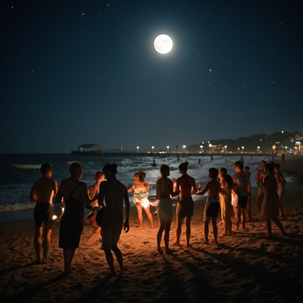 Sizzling Summer Secrets: Why Daytona Beach in July Will Blow Your Mind (No Sunburn Guarantee!) People gathering for a spontaneous drumming circle on a moonlit beach, dancing under the starry sky with silhouettes of performers visible, waves crashing in the background and distant pier lights adding to the warm, atmospheric lighting.