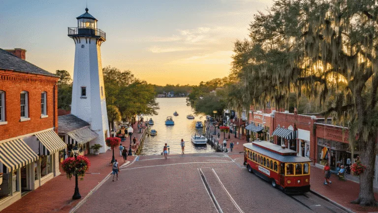 Fun Things to Do in Mount Dora: Your Ultimate Weekend Escape Guide "Aerial view of Mount Dora's lakefront downtown at sunset featuring a lighthouse, red brick vintage buildings, tree-lined streets, small boats on the lake, and a vintage trolley"