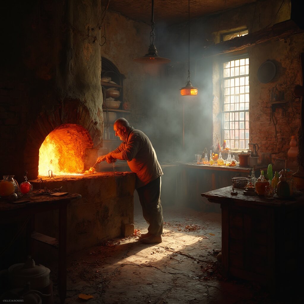 Unlock Venice: Your Ultimate Guide to Mind-Blowing Experiences Artisan in traditional attire crafting molten glass in a warmly lit, rustic Murano glass workshop filled with delicate glass artifacts and atmospheric rays filtering through dusty windows.
