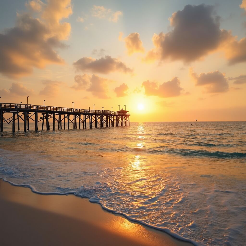 🌴 Fun Things to Do in Naples: Your Ultimate Adventure Guide! Dolphins jumping at sunset with Naples Pier extending into the serene Gulf of Mexico, pastel sky reflecting on calm ocean waters