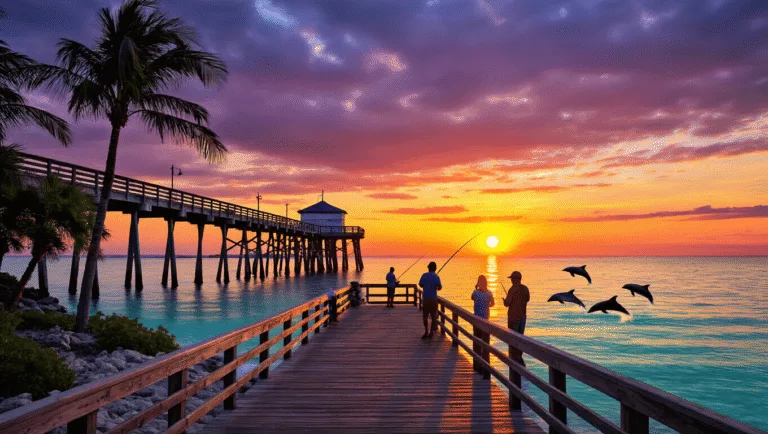 🌴 Fun Things to Do in Naples: Your Ultimate Adventure Guide! "Silhouetted individuals fishing and strolling on Naples Pier at sunset with dramatic sky reflecting on calm waters, dolphins in the distance, swaying palm trees in the foreground, and pier extending into the Gulf of Mexico in photorealistic style"