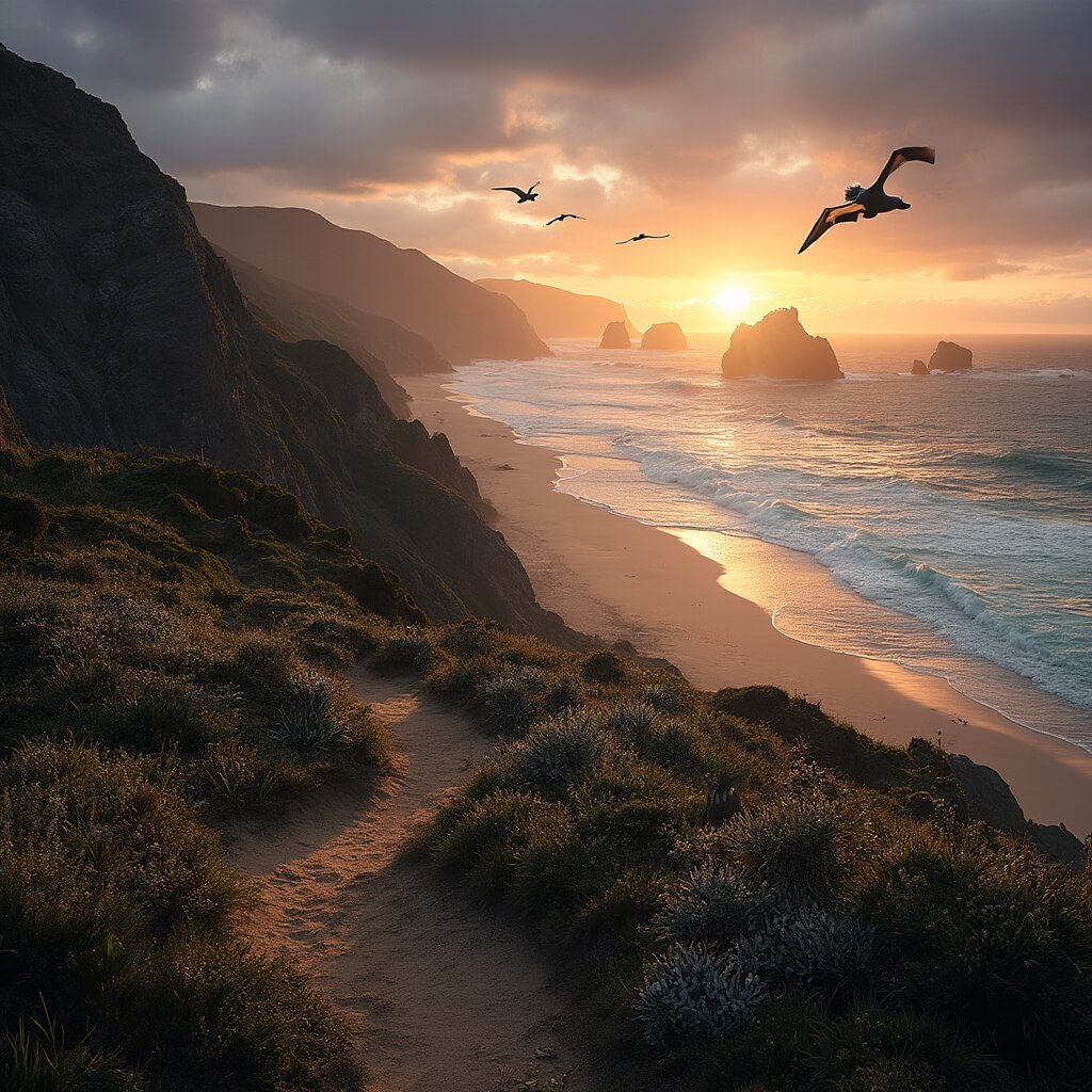 Dunedin: Your Ultimate Adventure Playground in New Zealand's South Island Dramatic coastal sunset with rugged cliffs, hiking trail through New Zealand native bush, yellow-eyed penguins on the beach, soaring Royal Albatross, and silhouette of Moeraki Boulders in the Pacific Ocean