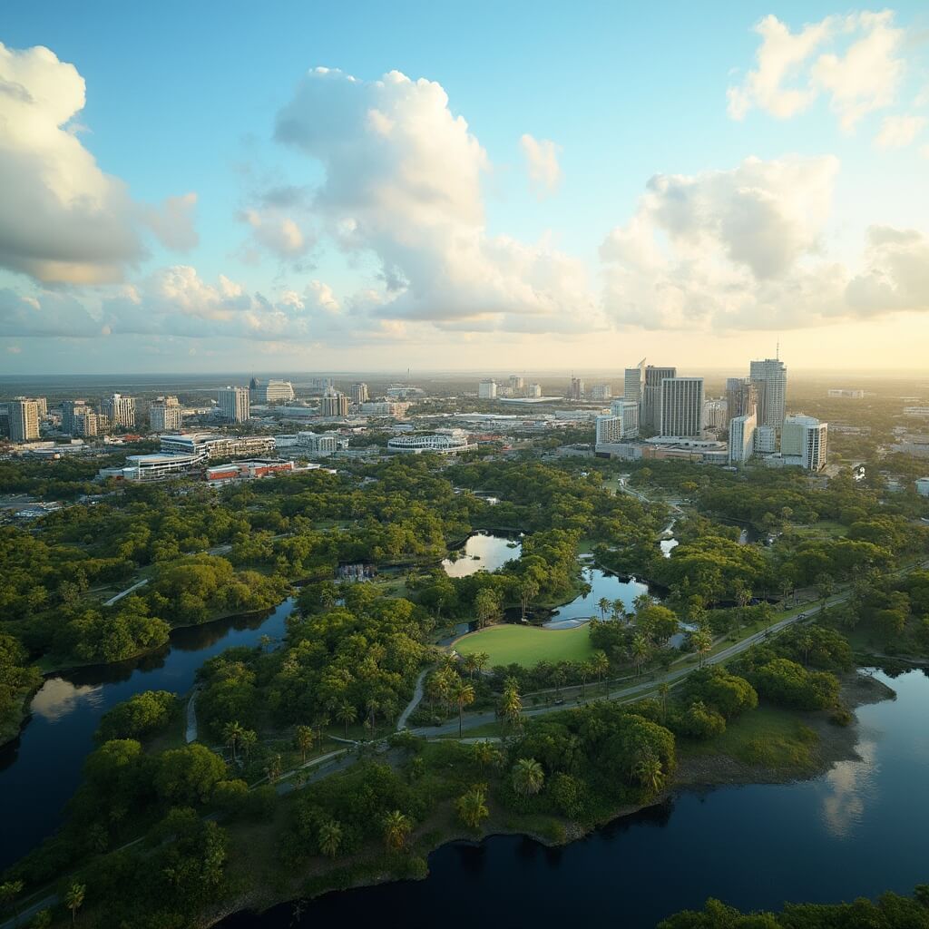 Aerial panorama of Orlando cityscape during golden hour, showcasing lush green parks, modern buildings, and theme parks under a clear blue sky with soft clouds