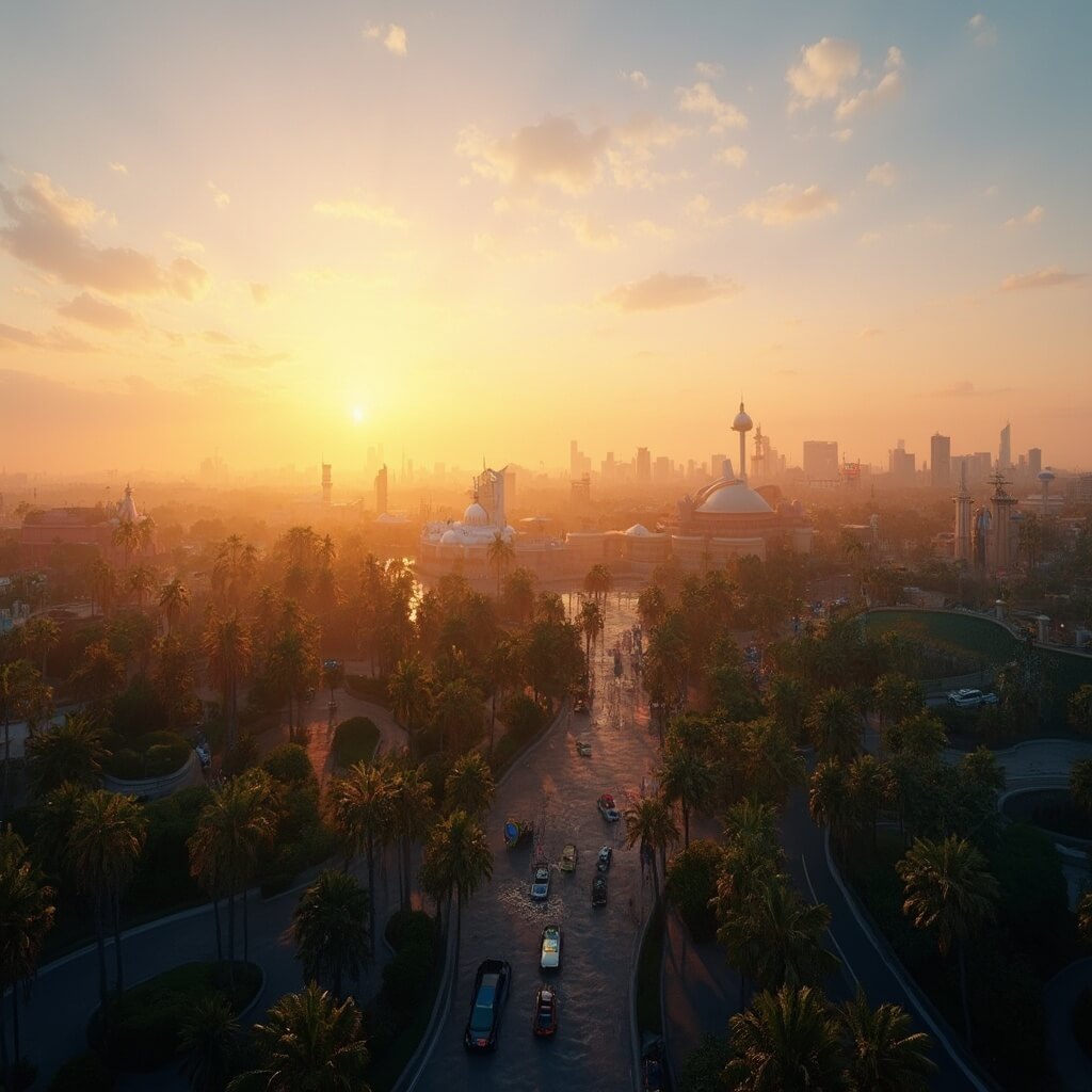 Aerial sunset view of Orlando with theme parks, lush tropical landscape, palm trees, and golden light casting over the city