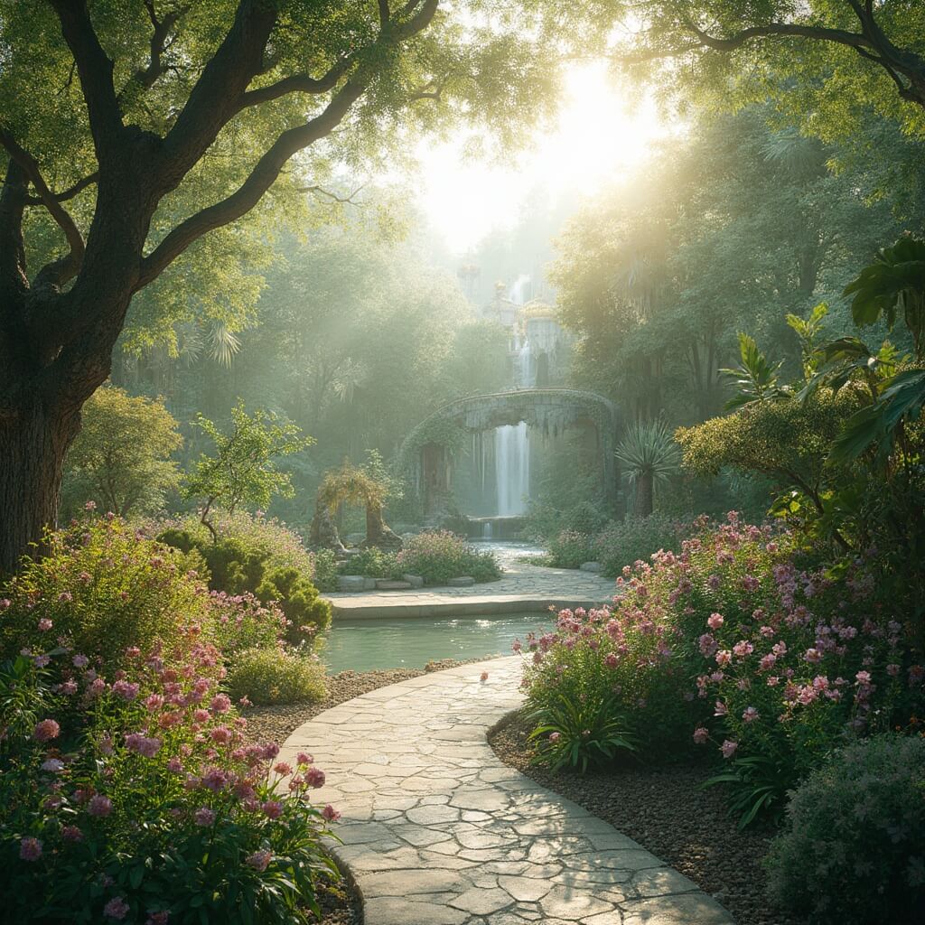 Why Orlando in March is Your Ultimate Spring Break Paradise Botanical garden in Orlando with blooming spring flowers, manicured paths, tropical plants, water features, and a distant theme park silhouette