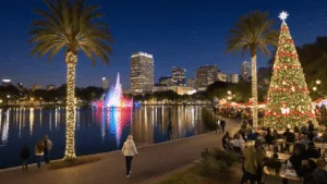Magical Weather, Zero Winter Blues "Downtown Orlando cityscape at night in December featuring illuminated Lake Eola fountain and Christmas tree, palm trees wrapped in lights, people strolling and dining outdoors, and buildings adorned with holiday decorations."