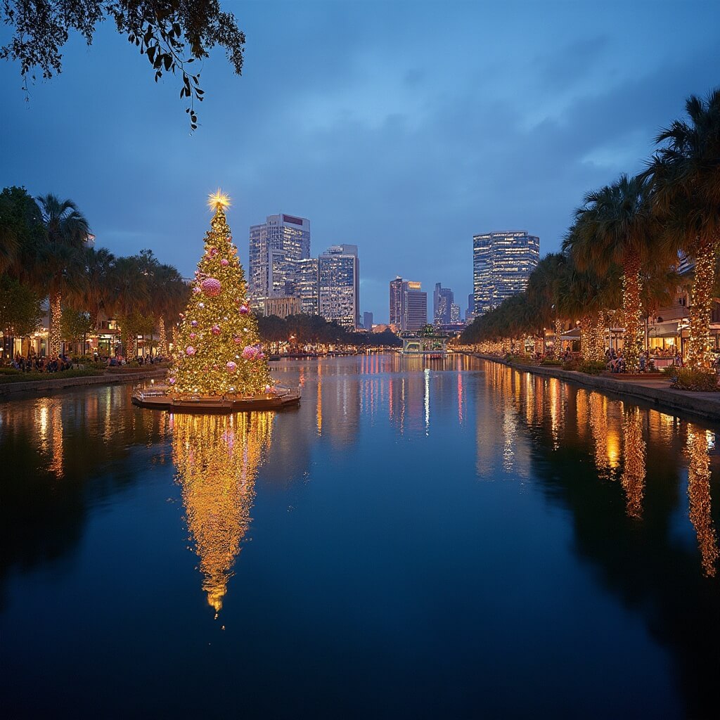 Magical Weather, Zero Winter Blues Holiday season at Lake Eola with a decorated Christmas tree in the foreground, Orlando skyline in the background, festive decorations, and palm trees in a subtropical winter landscape.