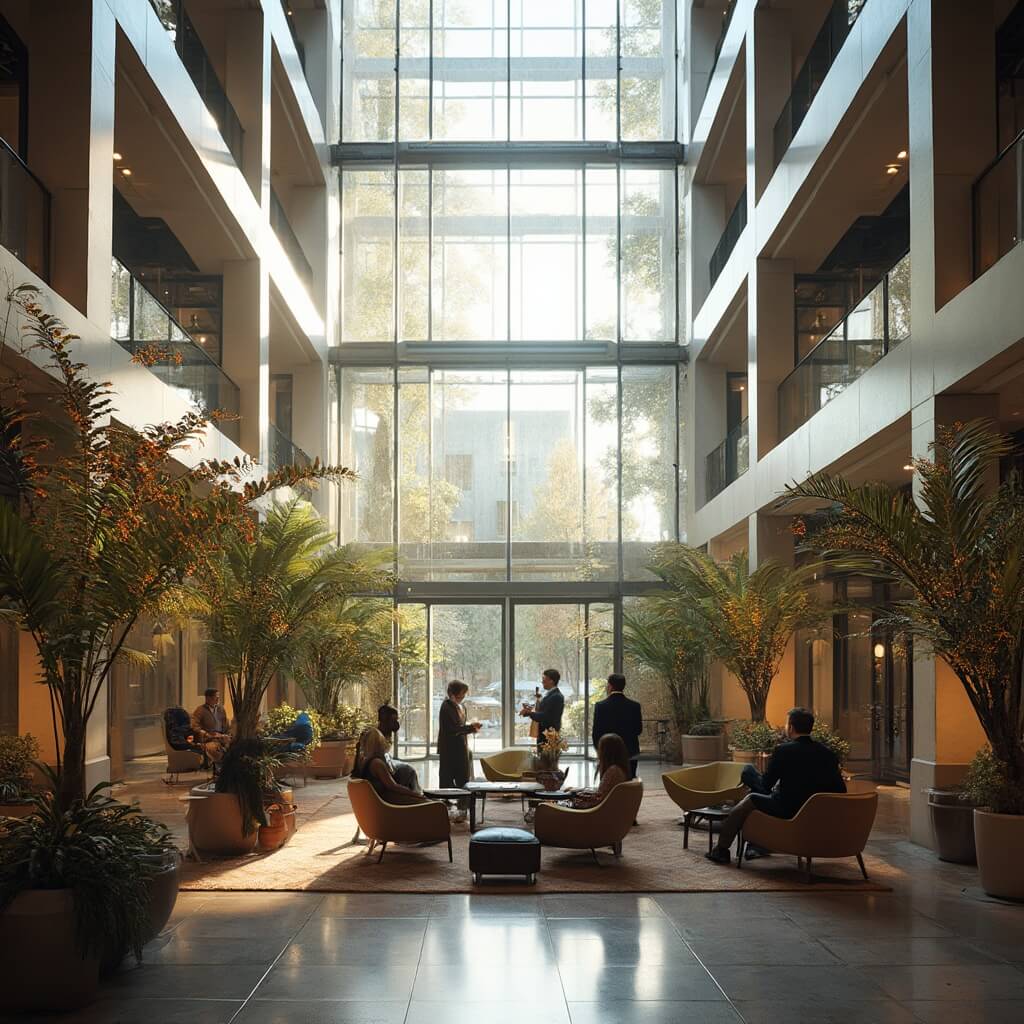 Why Orlando in October is Your Ultimate Fall Getaway Secret Business professionals networking in a modern Orlando conference center atrium with glass ceilings, sleek architecture, and tropical plants, bathed in warm autumn light