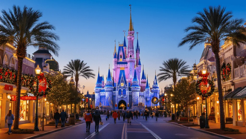 Why Orlando in November Will Be Your Most Epic Travel Adventure Yet "Orlando cityscape at dusk with Disney Castle adorned in holiday lights, palm trees decorated with Christmas lights, holiday shoppers, Mickey-shaped Christmas wreaths, and banners against a clear November sky, indicating a temperature of 77°F."
