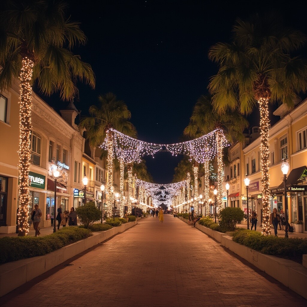 Downtown Orlando street illuminated with soft holiday lights and golden street lighting, palm trees in the background, people strolling on a mild winter evening
