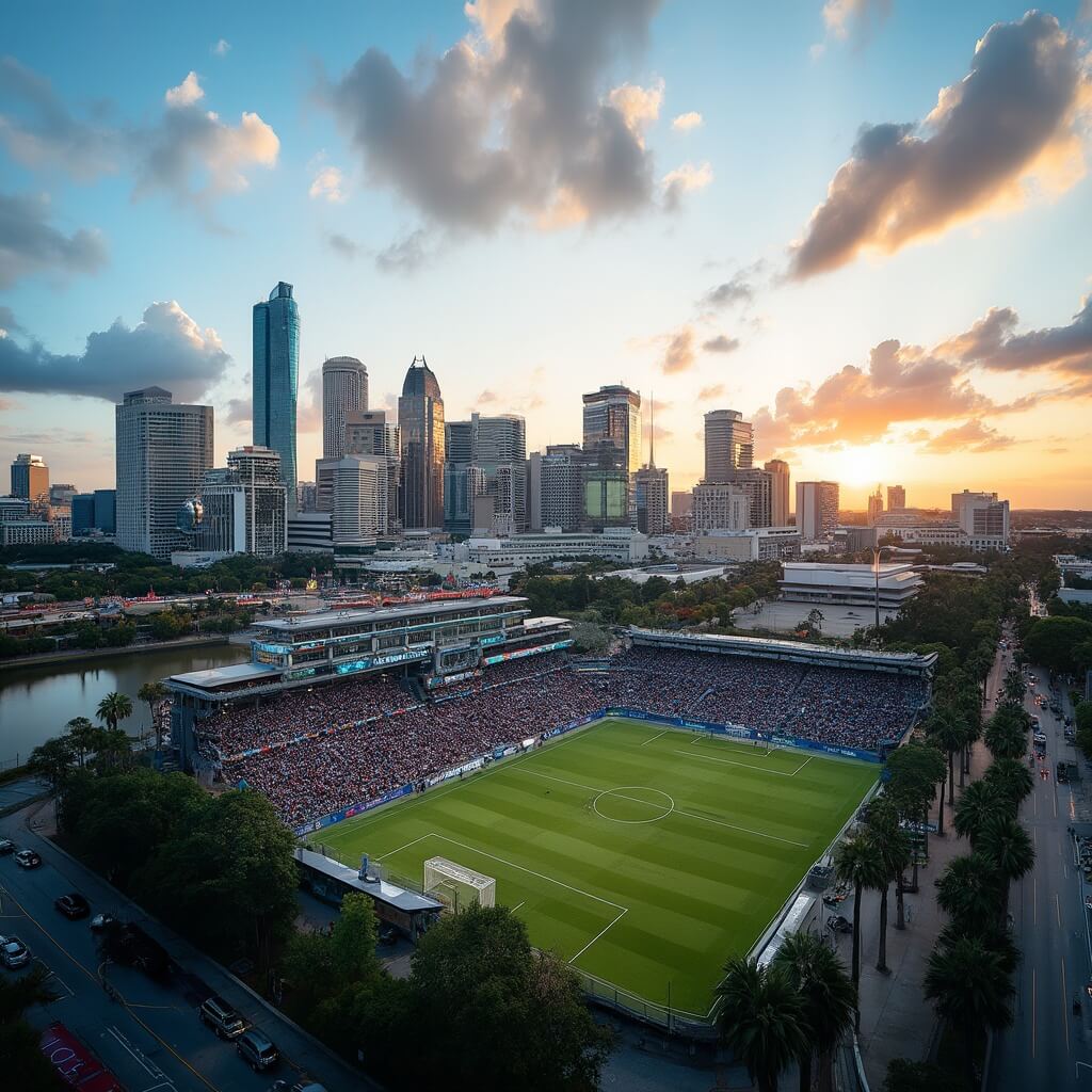 Why Orlando in April Will Be Your Best Travel Decision Yet Panoramic view of Orlando cityscape during golden hour with skyscrapers, a soccer match at Orlando City Soccer stadium, palm-lined streets, and a sunset-colored sky reflecting Florida's vibrant spring atmosphere