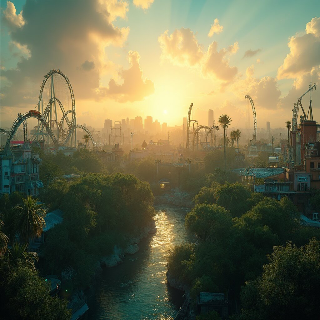 Orlando in June: Your Ultimate Hot & Humid Adventure Guide! Wide-angle view of Orlando theme park at golden hour, featuring intense sunlight, long shadows, lush tropical vegetation, distant rollercoasters, shimmering heat, vibrant green and blue colors, and highly detailed skyline.