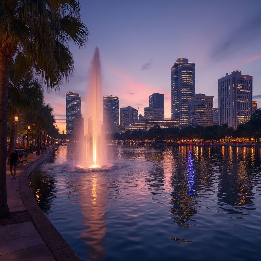 Why Orlando in July is the Ultimate Summer Destination (And Why You Might Want to Reconsider) Downtown Orlando skyline reflecting in Lake Eola at dusk, with illuminated high-rises, lakeside strollers, and silhouetted palm trees under a purple-orange sky