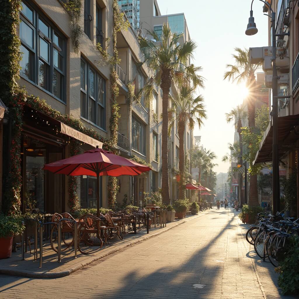 Magical Weather, Zero Winter Blues Early morning in Orlando's Mills 50 district with a fusion of modern and traditional architecture, local cafes arranging outdoor seating, holiday decorations installation, bicycle racks with rental bikes, and sunlight casting long shadows on empty, clean streets.