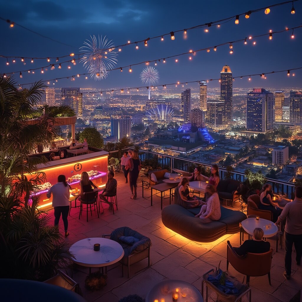 Orlando in June: Your Ultimate Hot & Humid Adventure Guide! Patrons enjoying drinks at a rooftop bar with modern lounge furniture, ambient lighting, tropical plants, and a view of Orlando's illuminated cityscape and theme park fireworks.